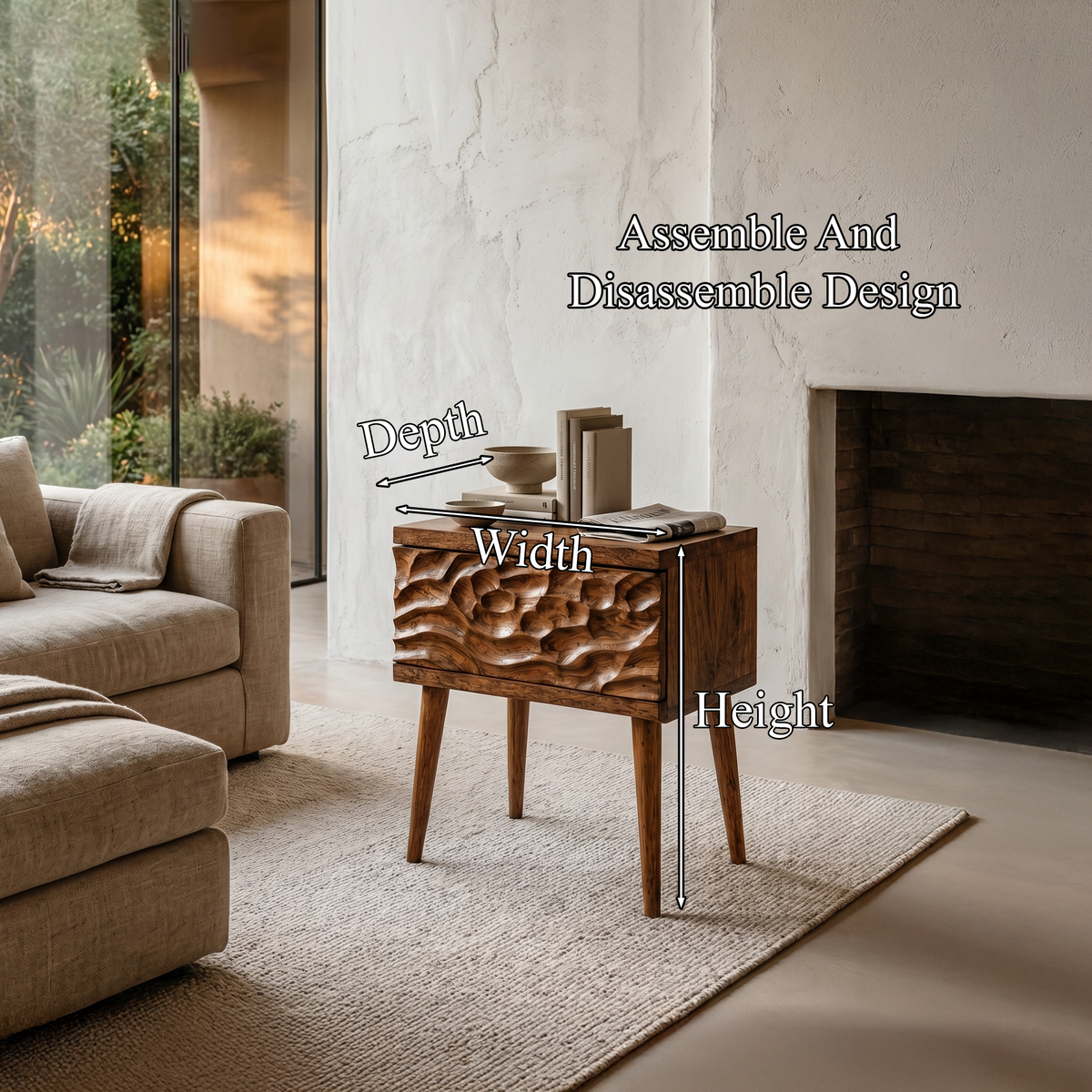 Mid Century Modern Side Table With Carved Wood Drawer And Open Shelf For Living Room And Bedroom - view 8 of 8
