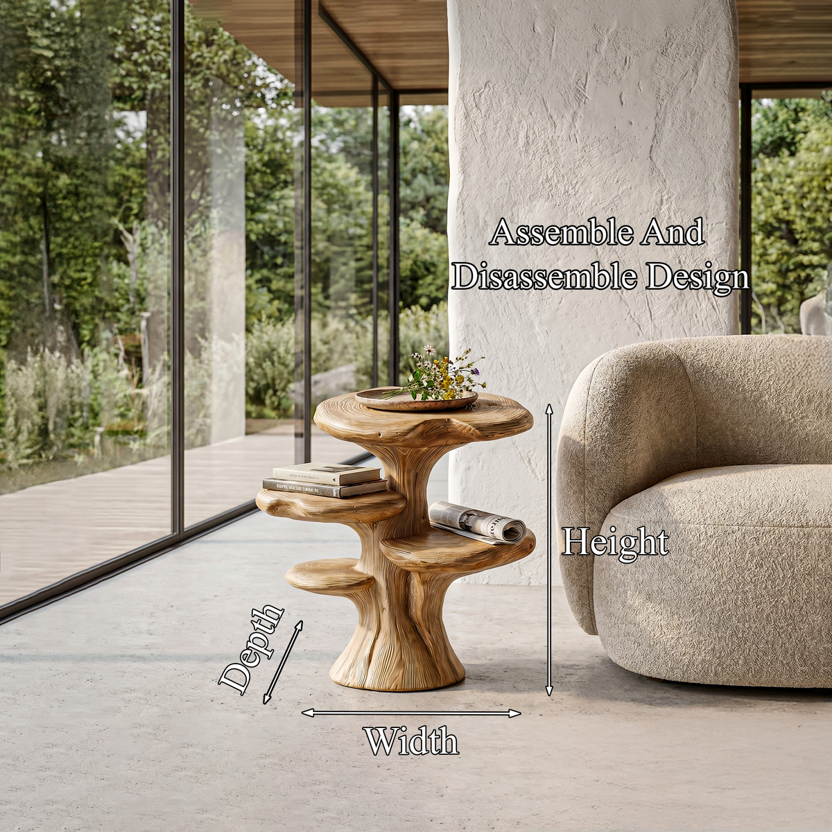 Organic Sculptural Beside Table With Tiered Solid Wood Shelves For Living Room - view 8 of 8