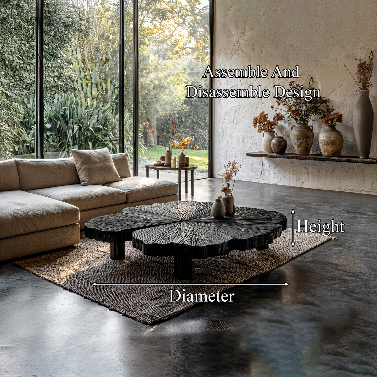 Rustic Coffee Table With Hand Carved Organic Wood Top And Chunky Pedestal Legs For Living Room - view 8 of 8
