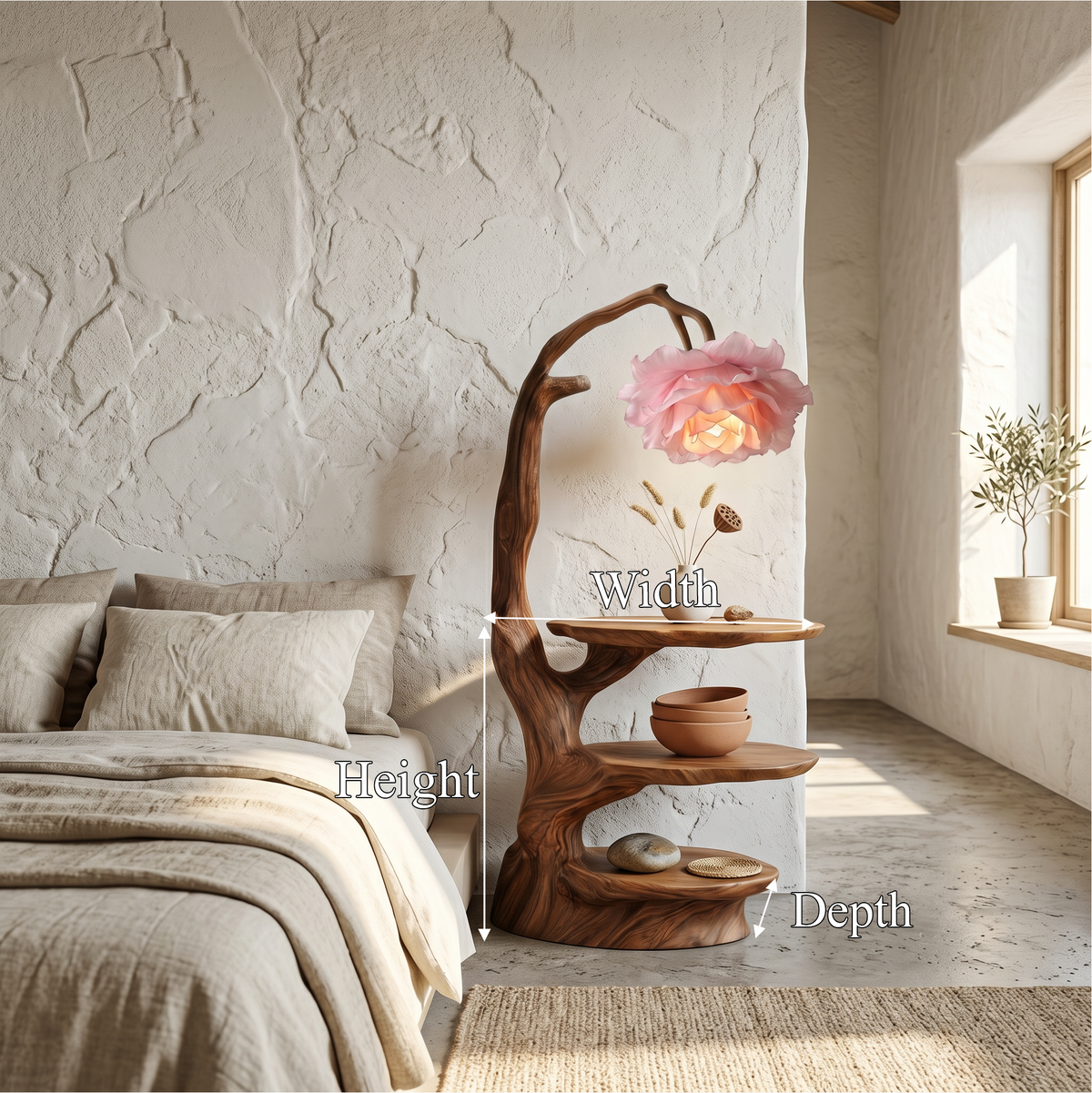 Natural End Table With Tree Branch Form And Flower Lamp For Bedroom And Reading Nook - view 8 of 8