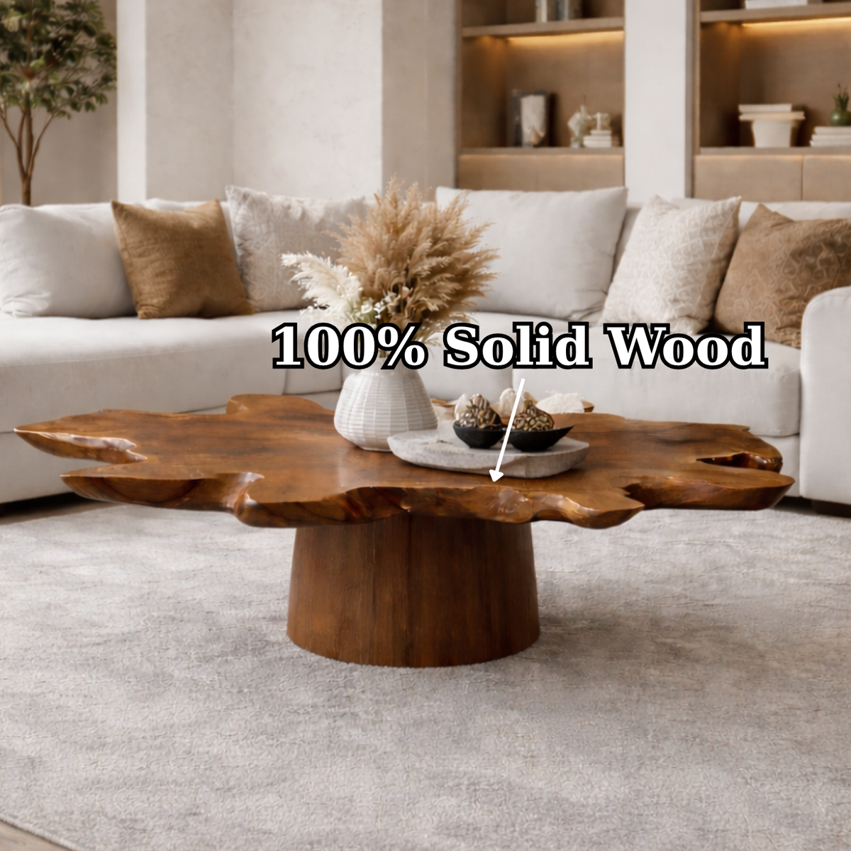 Solid Wood Live Edge Coffee Table with Thick Slab Top & Pedestal Base - view 9 of 9
