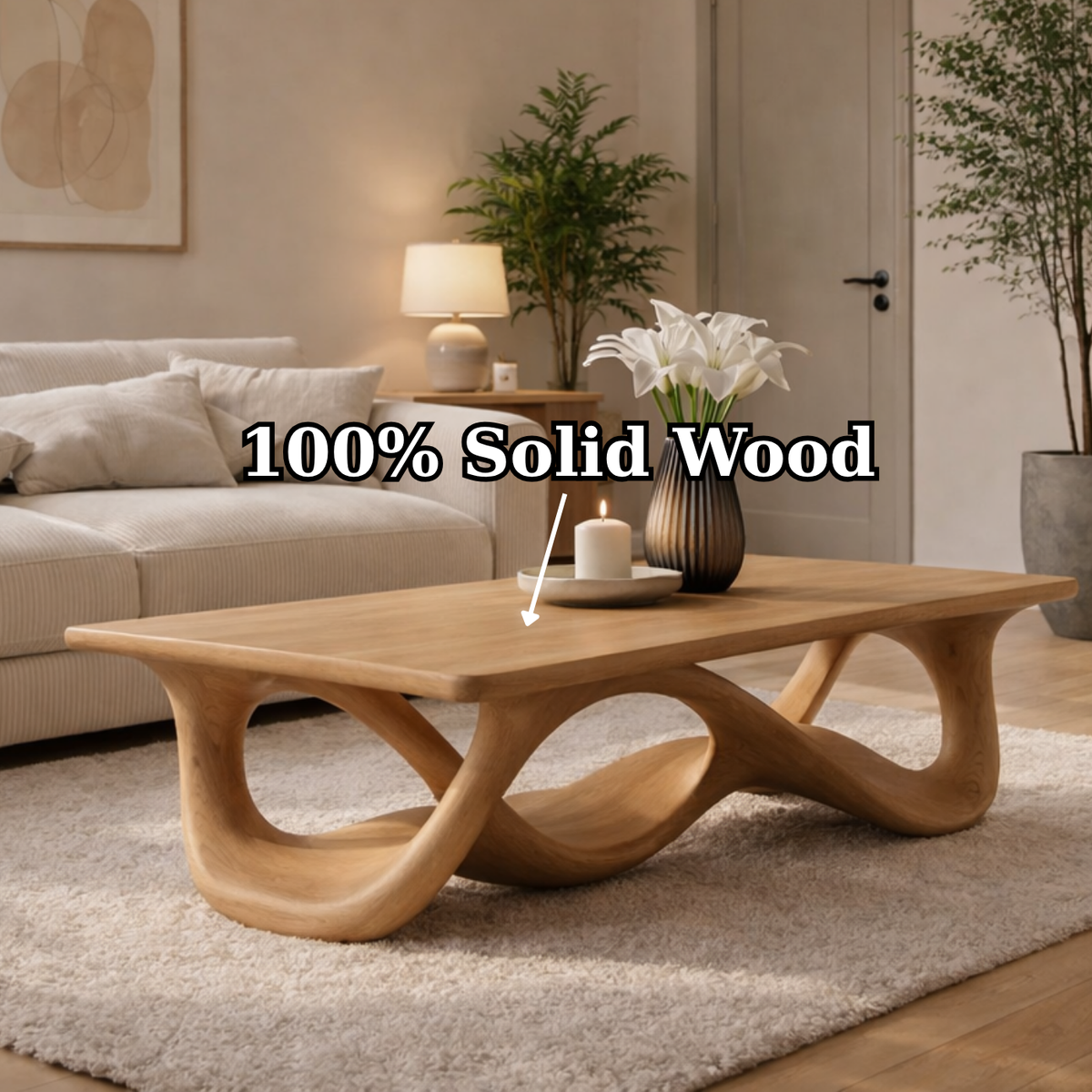 Solid Wood Coffee Table with Sculptural Wave Base in Light Oak Finish - view 9 of 9