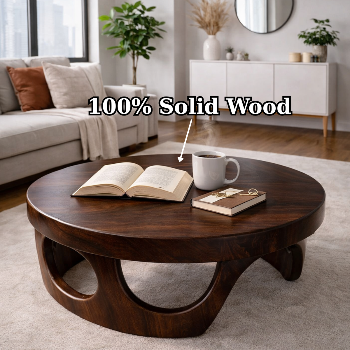 Round Solid Wood Coffee Table with Sculptural Base and Rich Walnut Finish - view 9 of 9