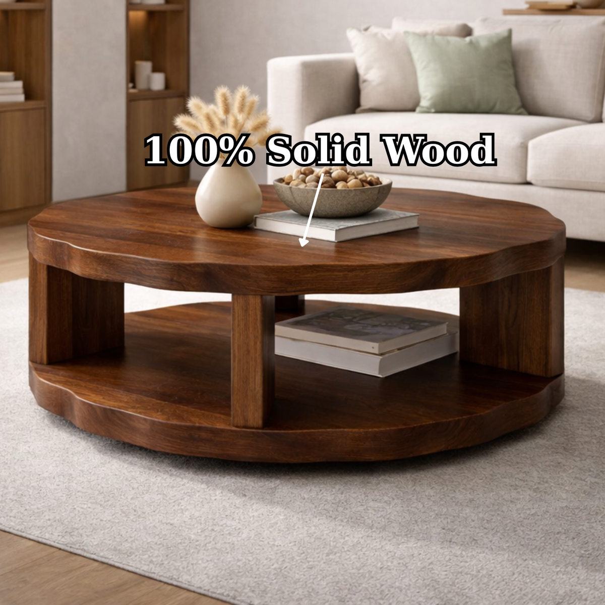 Round Solid Wood Coffee Table with Storage Shelf and Thick Slab Design - view 9 of 9