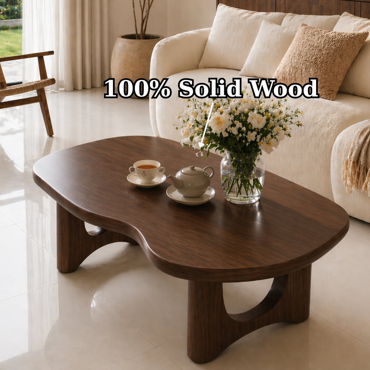 Solid Wood Coffee Table with Organic Shape and Sculpted Base - view 9 of 9