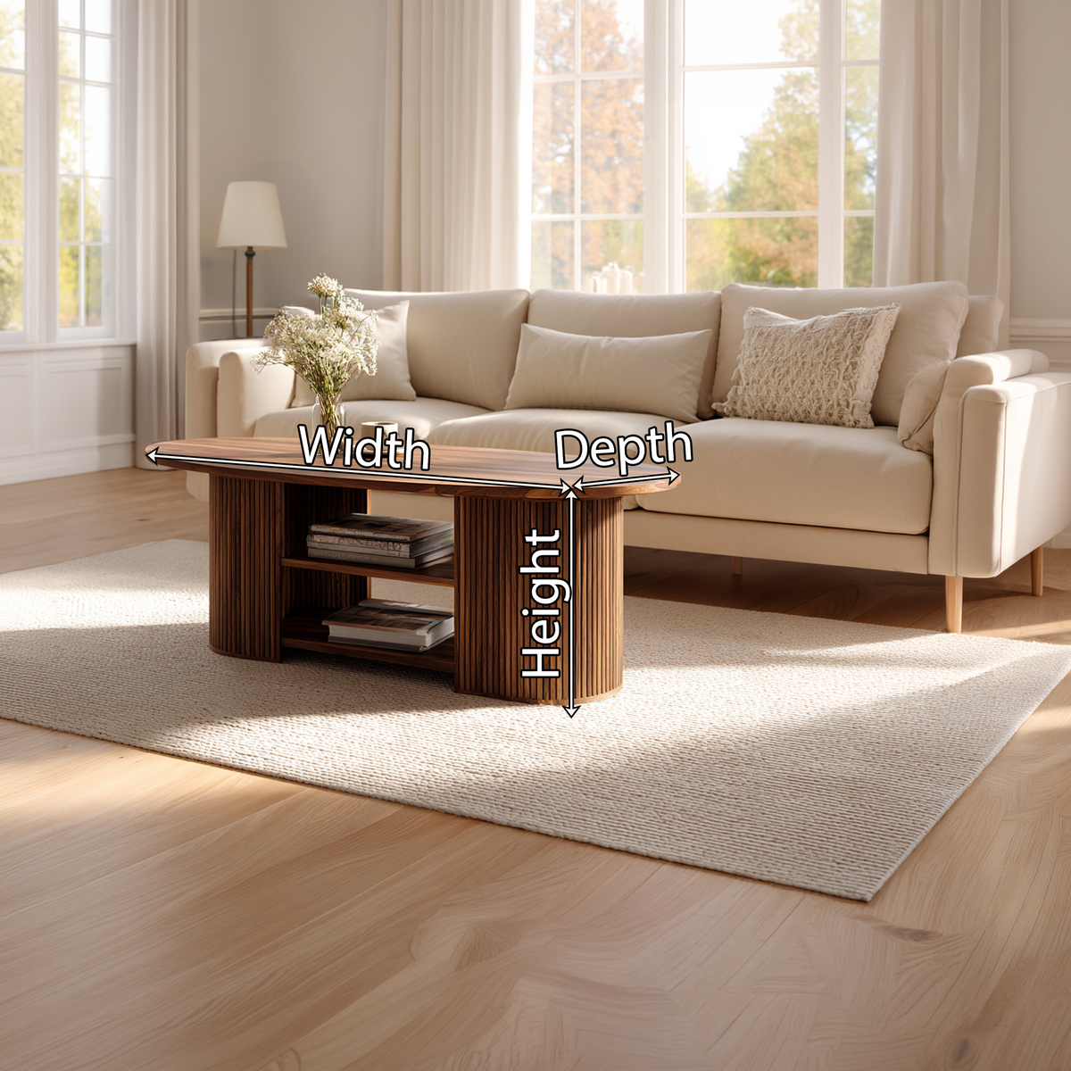 Oval Coffee Table with Fluted Base and Dual Shelf Storage - view 7 of 7