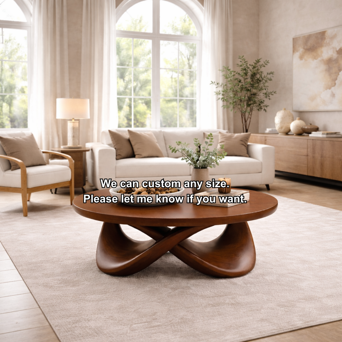 Round Solid Wood Coffee Table with Sculptural Base – Modern Designer Living Room Table - view 9 of 9