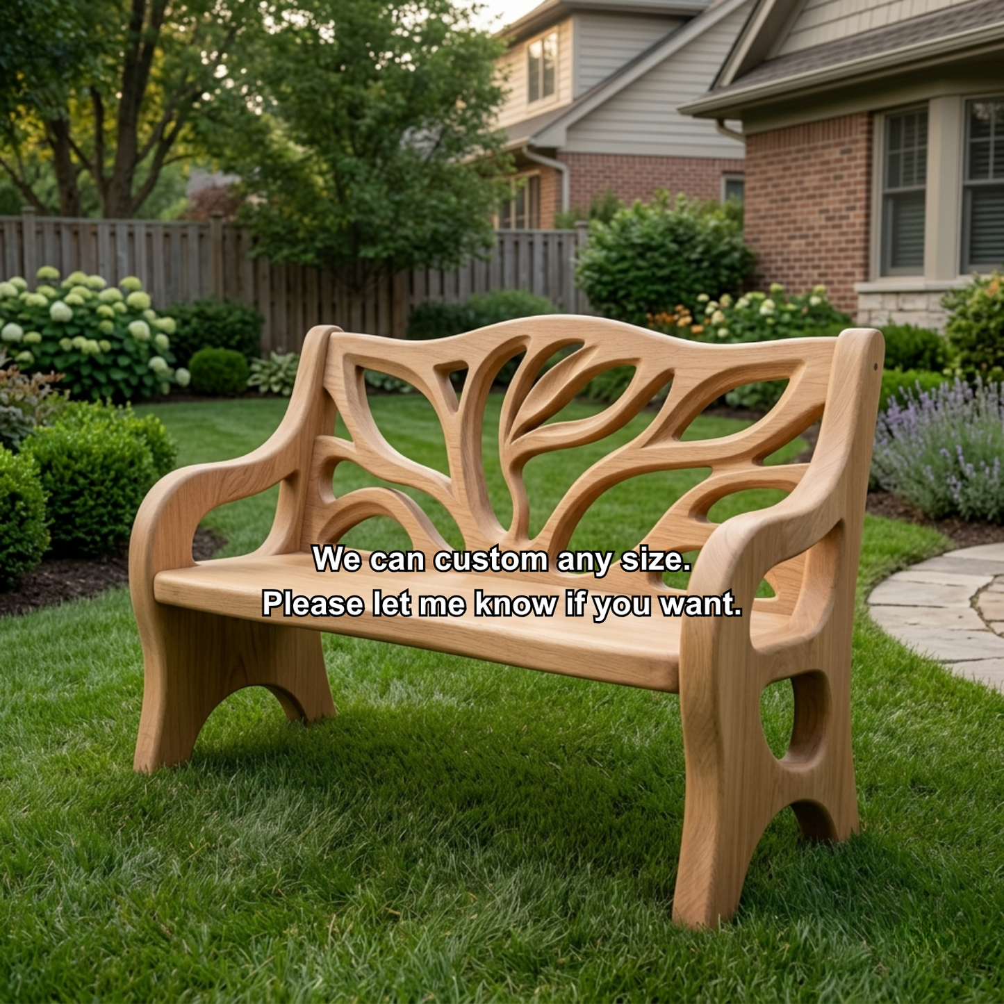 Solid Wood Outdoor Bench with Tree-Inspired Carved Backrest Garden Patio Seating - view 7 of 7