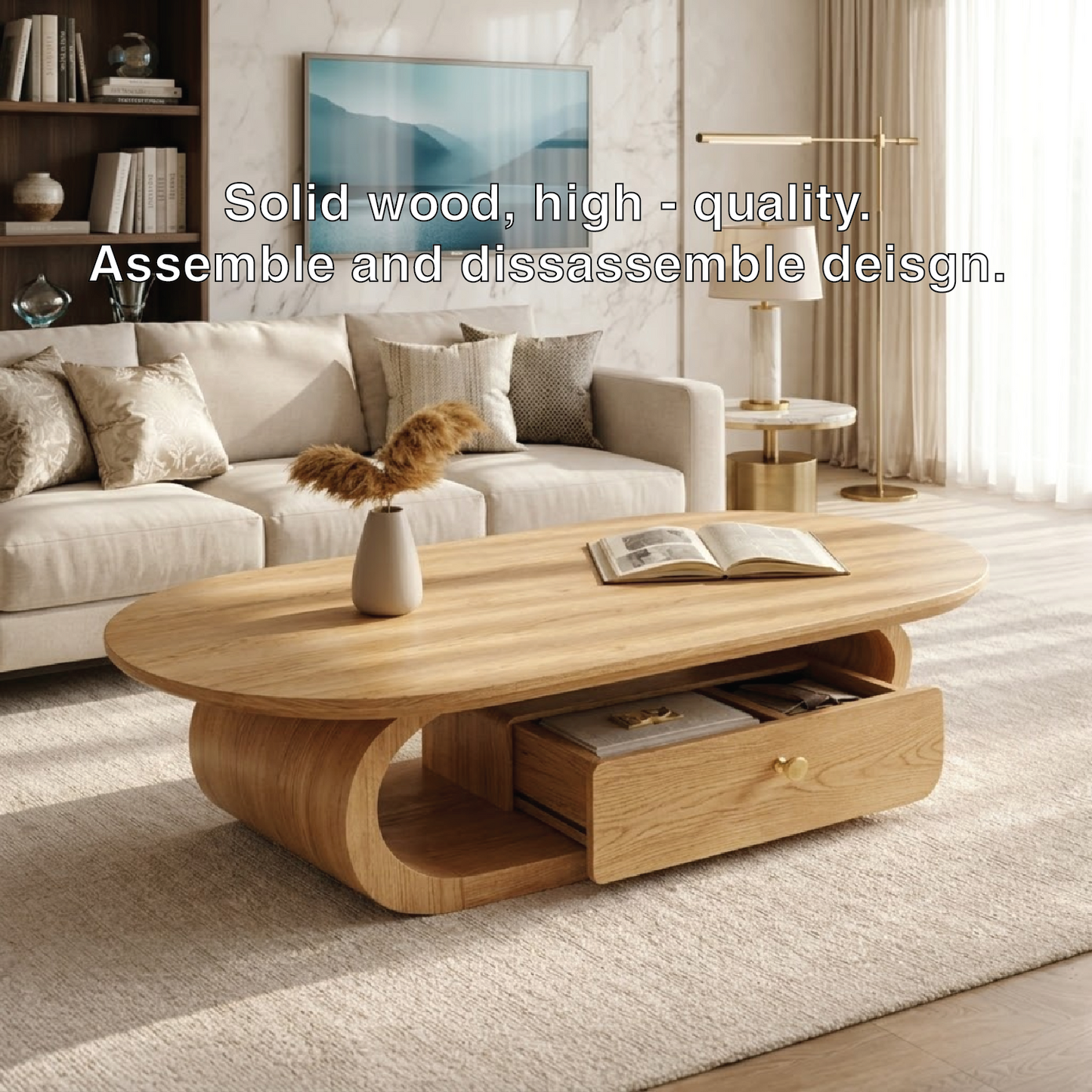 Wooden Coffee Table with Storage Drawer and Curved Modern Design - view 7 of 7
