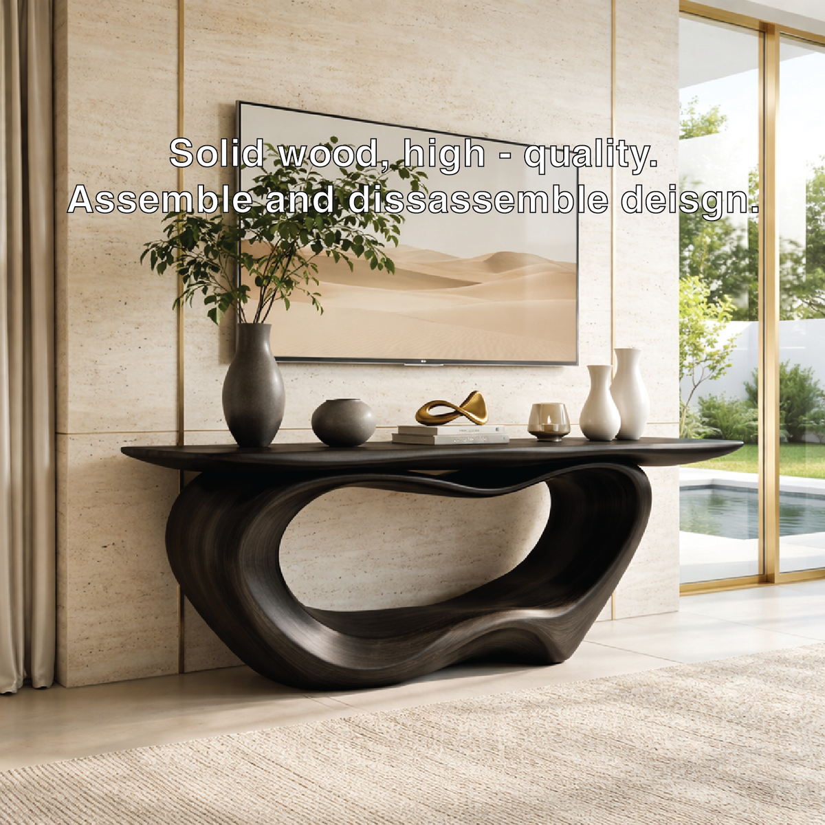 Solid Wood Console Table with Sculpted Base, Modern Minimalist Design - view 7 of 7