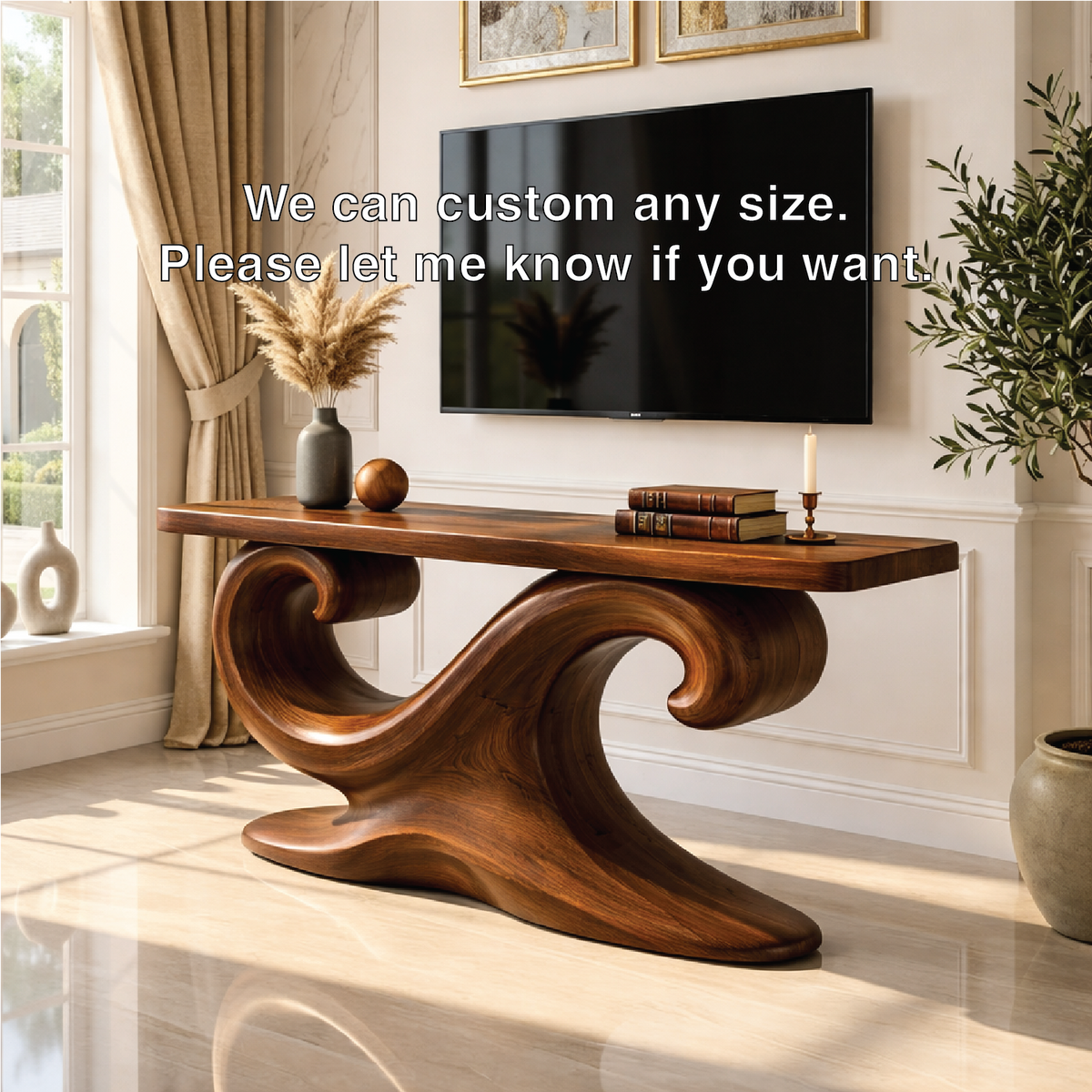 Solid Wood Console Table with Sculpted Curved Base, Artistic Modern Design - view 7 of 7