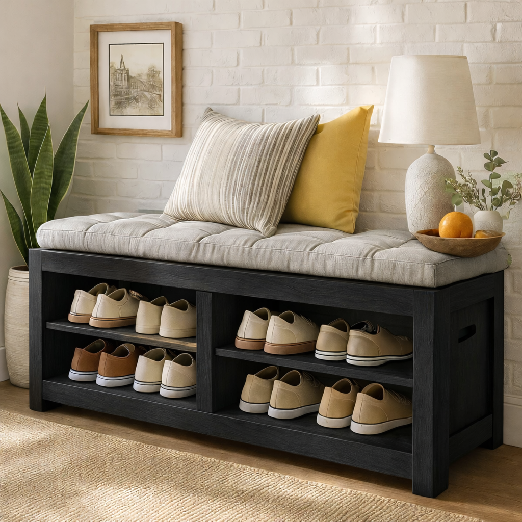 Solid Wood Entryway Bench with Shoe Storage Shelves, Rustic Hallway Organizer - view 7 of 7