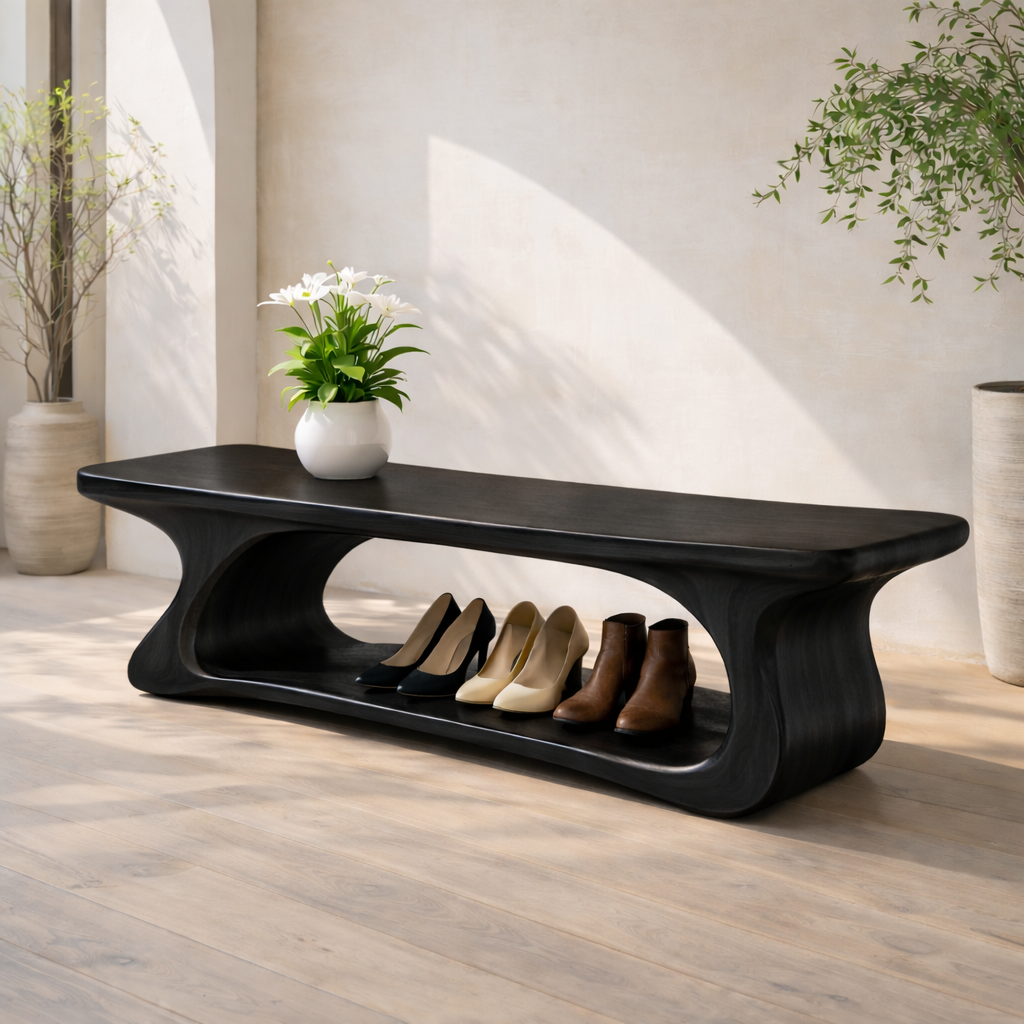 Sculptural Solid Wood Storage Bench, Modern Organic Entryway Shoe Bench - view 7 of 7