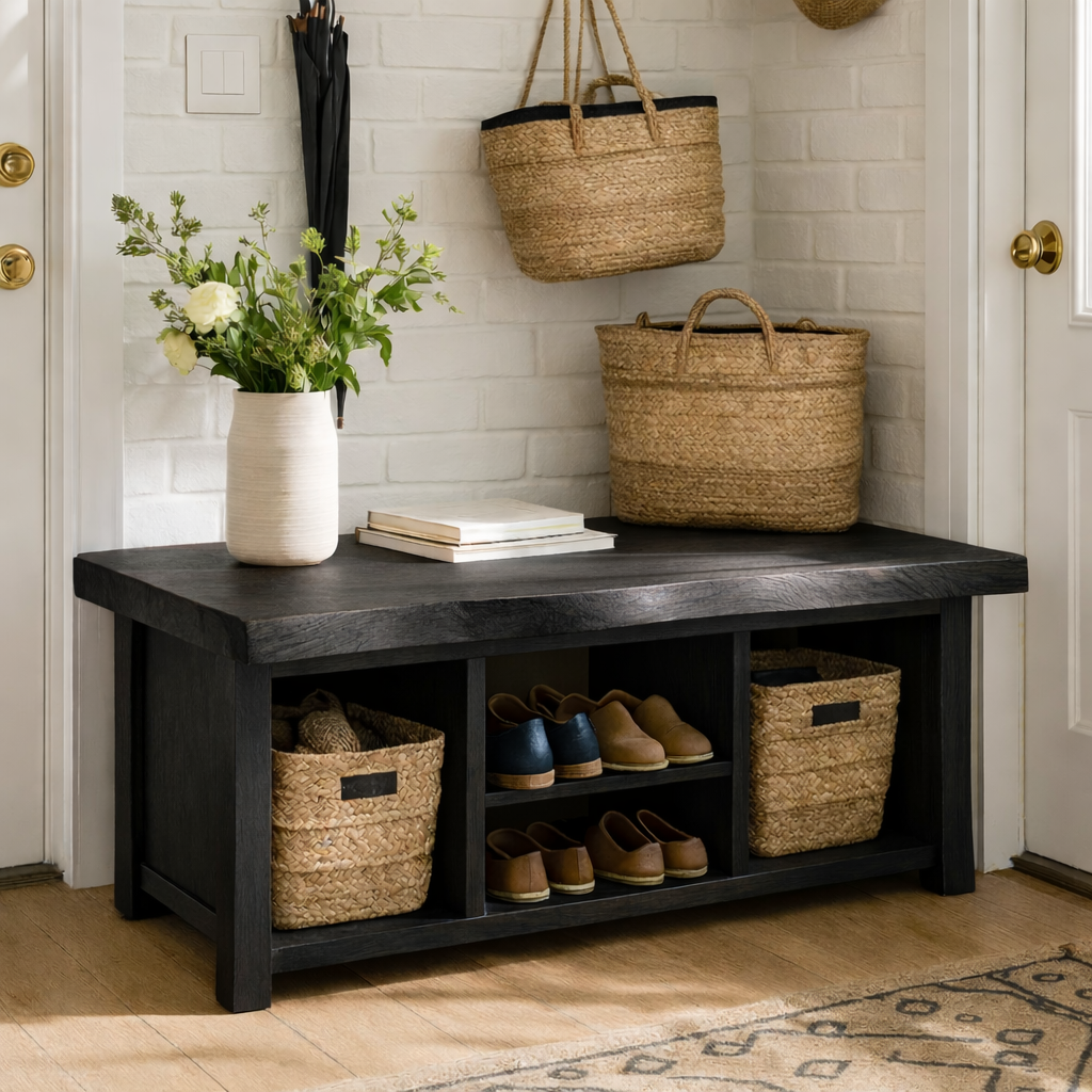 Solid Wood Entryway Bench with Storage Cubbies and Shoe Organizer Shelf - view 7 of 7