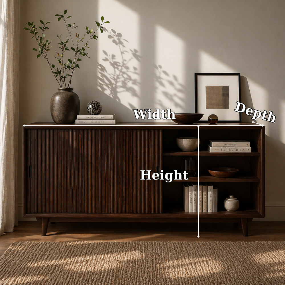 Solid Wood Sideboard Cabinet with Sliding Slatted Doors & Open Shelf Storage - view 7 of 7