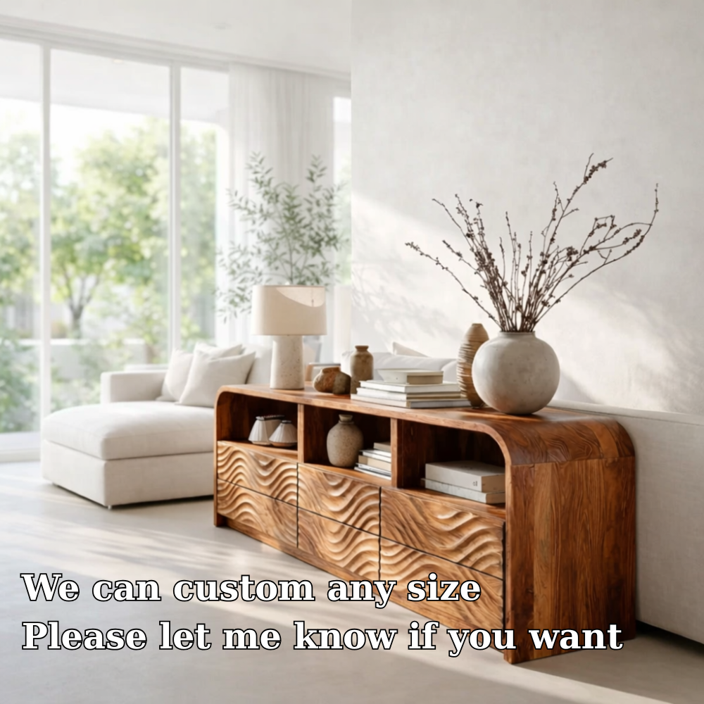 Solid Wood Sideboard Console with Wave Carved Drawers & Open Shelf Cabinet - view 7 of 7