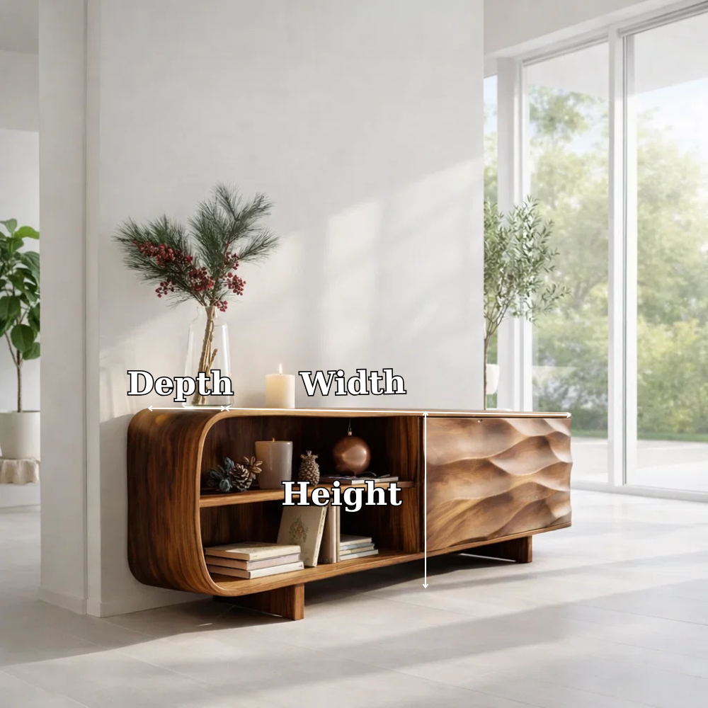 Solid Wood Sideboard Console with Wave Carved Door & Open Shelf Storage - view 7 of 7