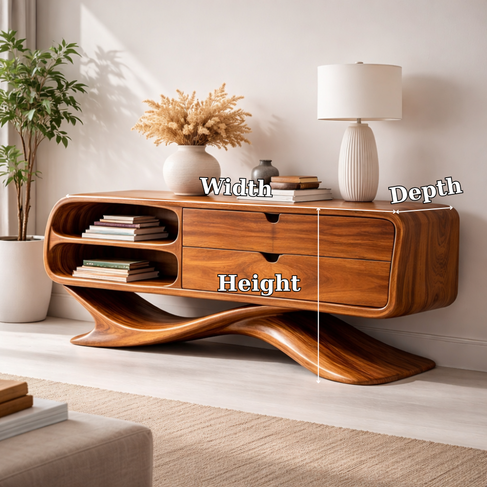 Solid Wood Sculptural Console Cabinet with Drawers & Open Shelf – Modern Curved Base - view 7 of 7