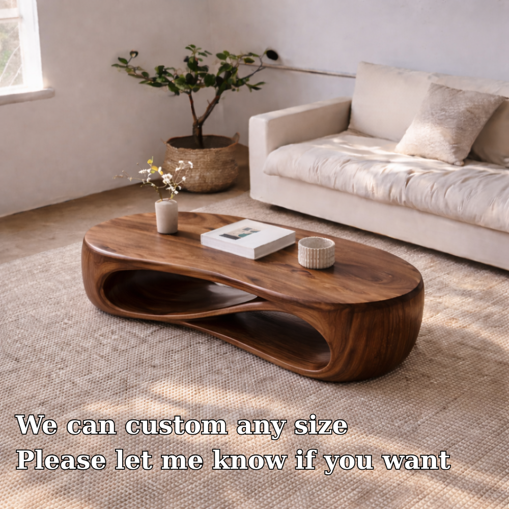 Solid Wood Sculptural Coffee Table with Curved Storage Shelf – Modern Living Room Table - view 7 of 7