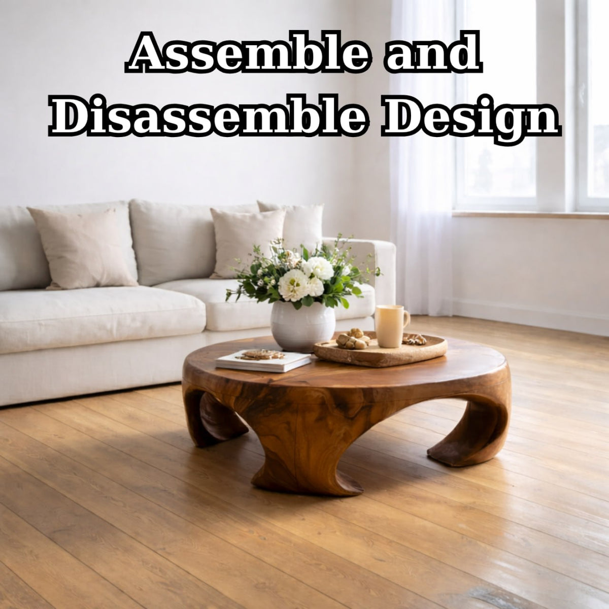 Solid Wood Round Coffee Table with Sculptural Curved Base and Organic Design - view 9 of 9