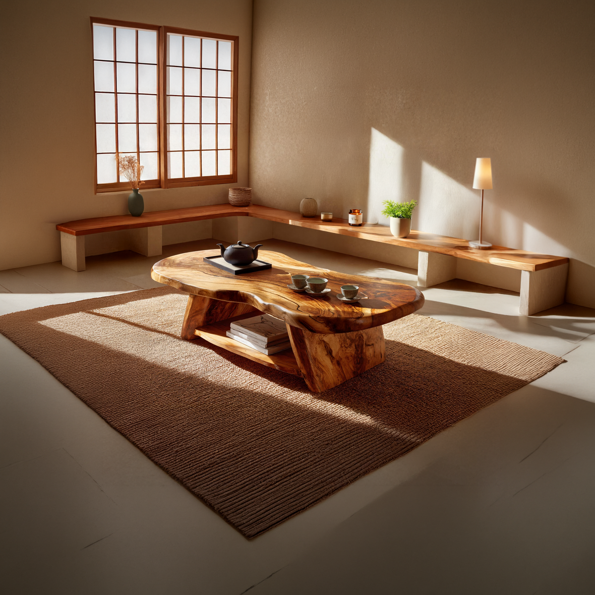 Live Edge Solid Wood Coffee Table Organic Shape Natural Wood Tea Table with Shelf - view 4 of 7