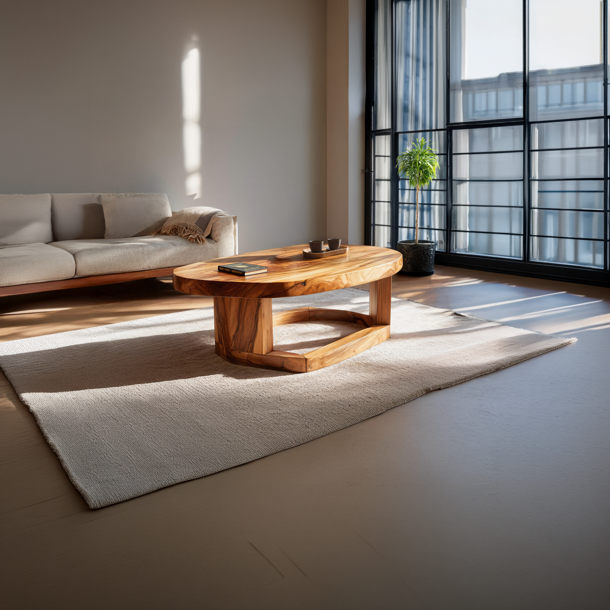 Solid Wood Oval Coffee Table handcrafted Natural Wood Living Room Table with Sculptural Base - view 6 of 7