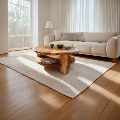 Round Solid Wood Coffee Table with Shelf Handcrafted Natural Wood Living Room Table - view 6 of 7