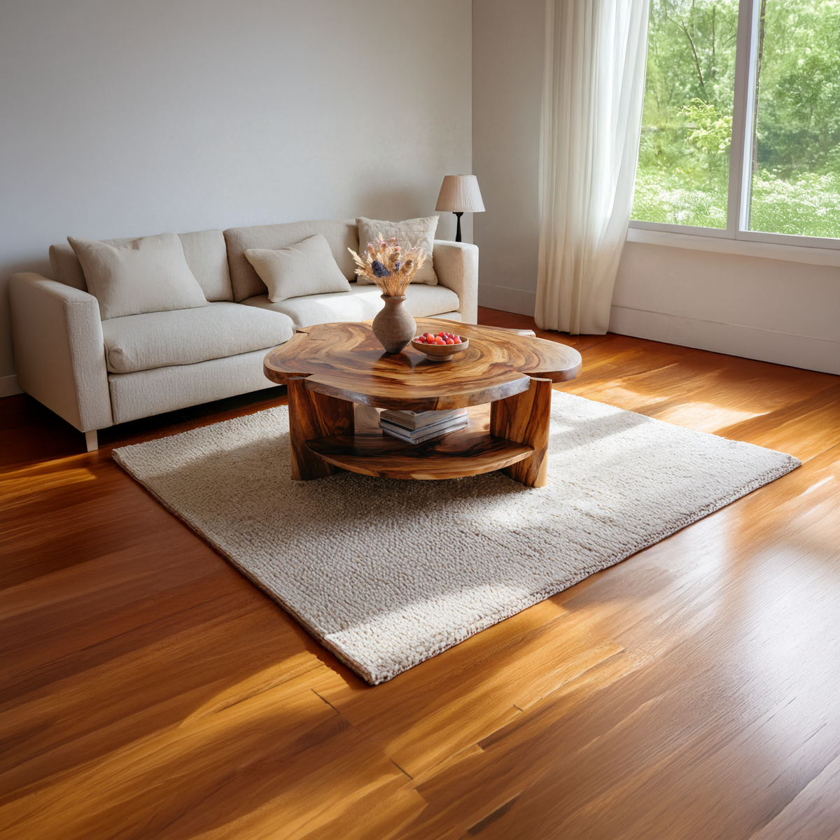 Live Edge Round Solid Wood Coffee Table Natural Wood Center Table with Shelf - view 5 of 7