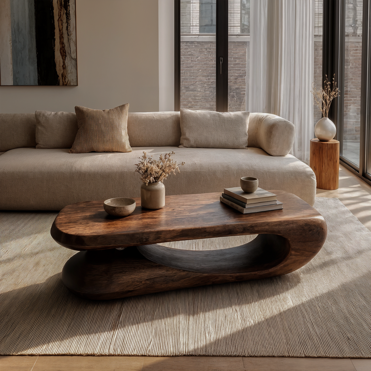 Organic Coffee Table With Flowing Monolithic Wood Form For Living Room - view 1 of 8