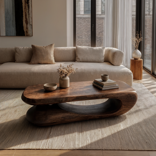 Organic Coffee Table With Flowing Monolithic Wood Form For Living Room - view 1 of 8