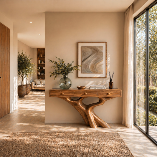 Organic Console Table With Built In Storage Cabinet And Sculptural Curved Wood Base For Entryway And Living Room - view 1 of 8