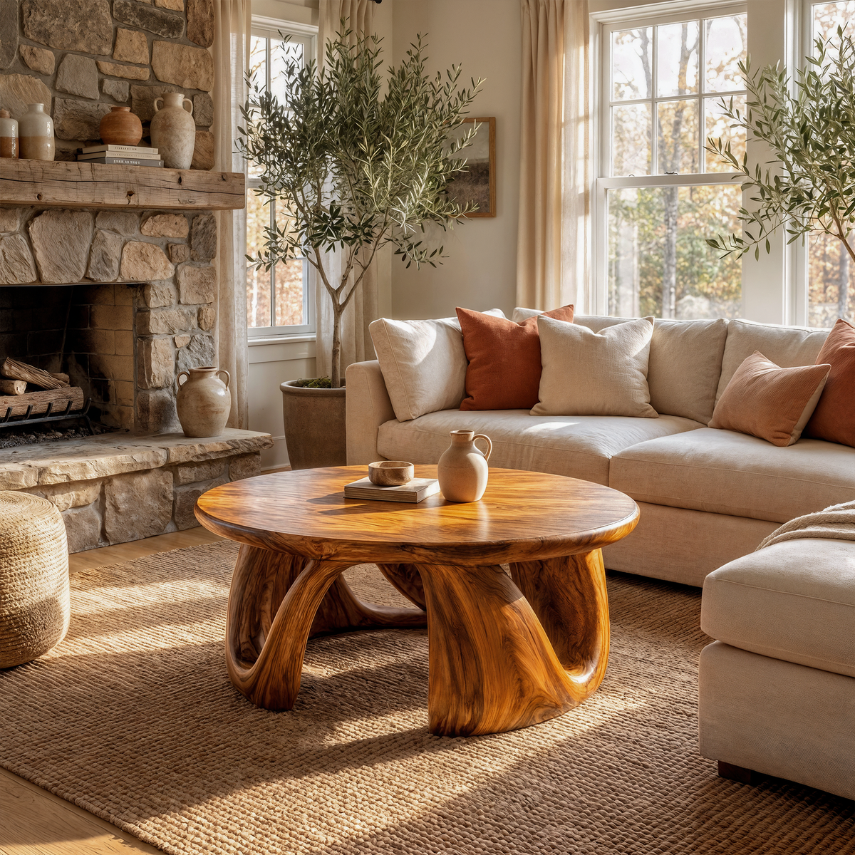 Organic Modern Coffee Table With Round Wood Top And Artistic Curved Base For Living Room - view 1 of 8