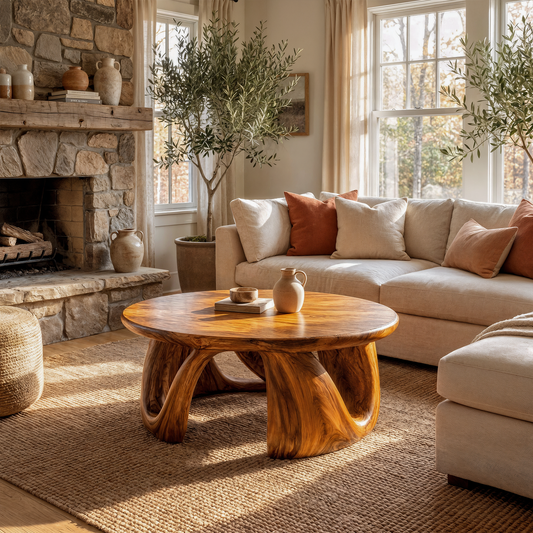 Organic Modern Coffee Table With Round Wood Top And Artistic Curved Base For Living Room - view 1 of 8