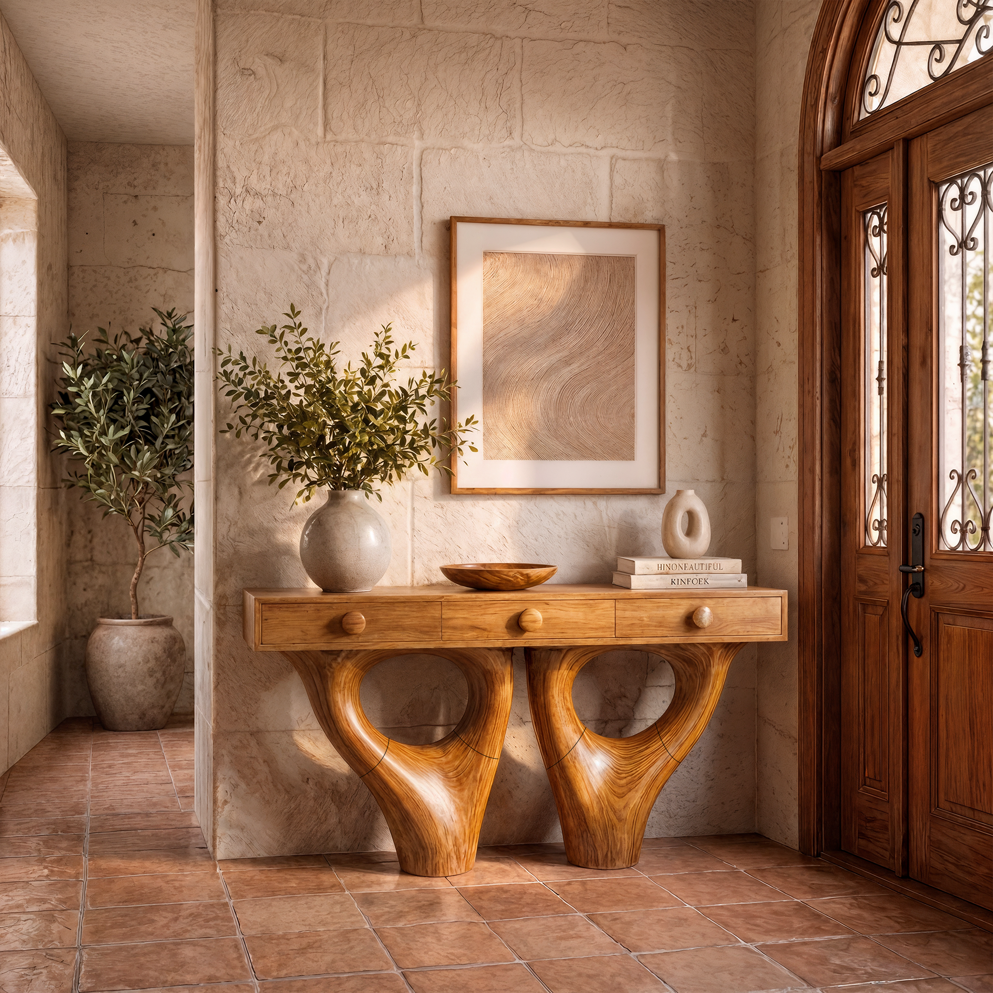 Rustic Console Table With Sculptural Double Pedestal Wood Base And Solid Wood Top For Entryway And Living Room - view 1 of 8