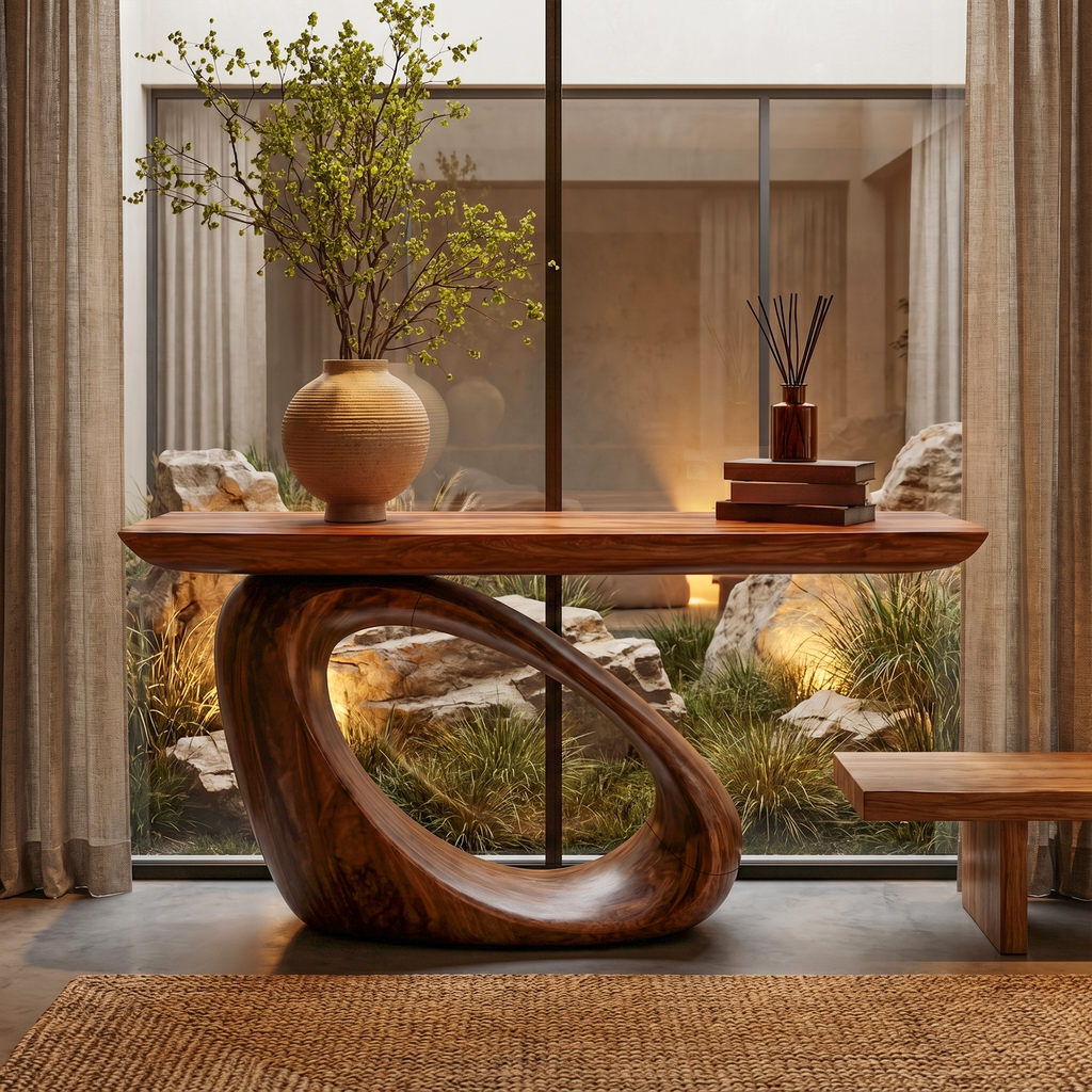 Modern Organic Console Table With Sculptural Loop Pedestal Wood Base For Entryway And Living Room - view 1 of 8