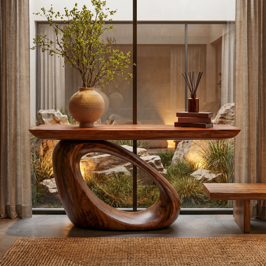 Modern Organic Console Table With Sculptural Loop Pedestal Wood Base For Entryway And Living Room - view 1 of 8