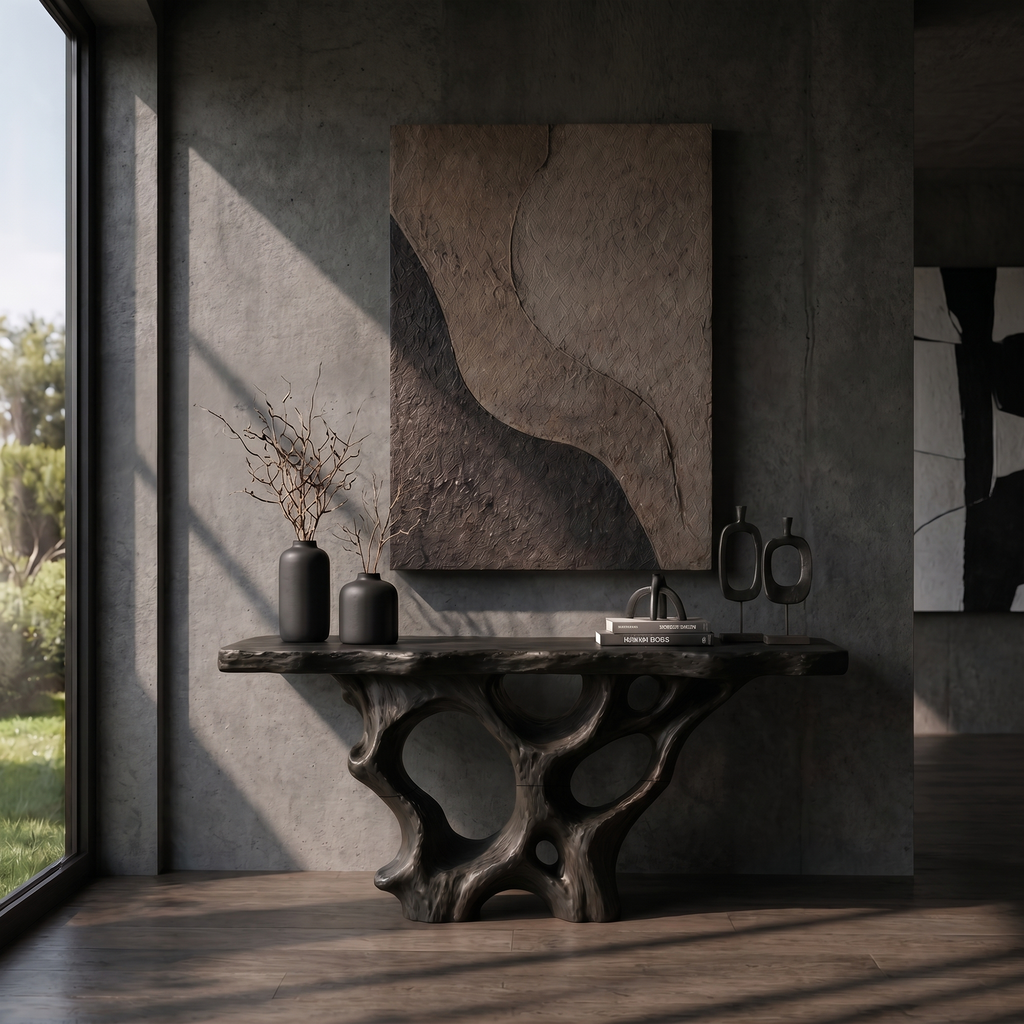 Organic Unique Console Table With Sculptural Natural Wood Base For Living Room - view 1 of 8