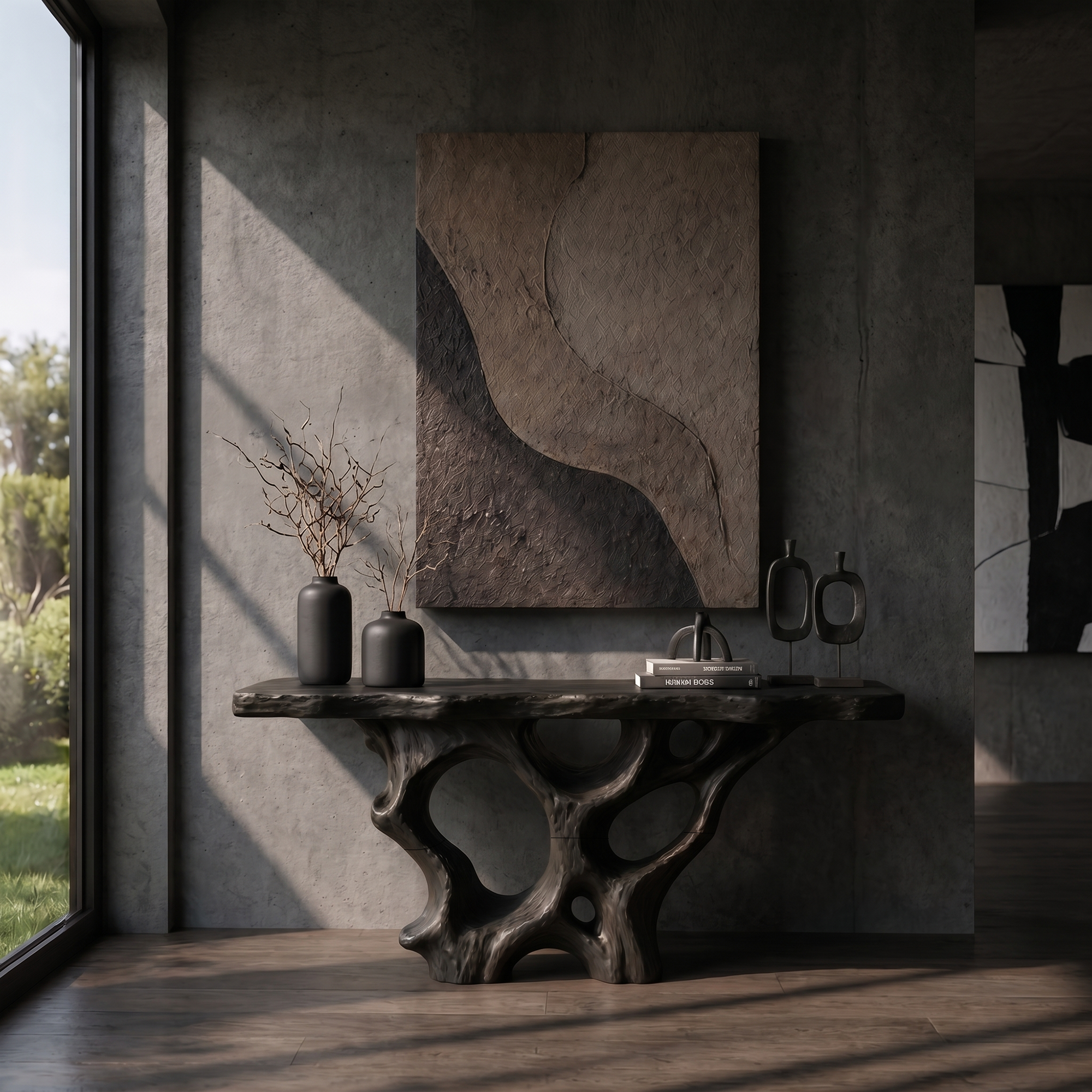 Organic Unique Console Table With Sculptural Natural Wood Base For Living Room - view 1 of 8