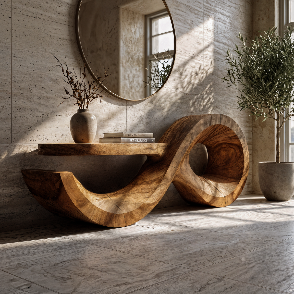 Contemporary Console Table With Sculptural Wave Wood Base And Solid Wood Top For Living Room - view 1 of 8