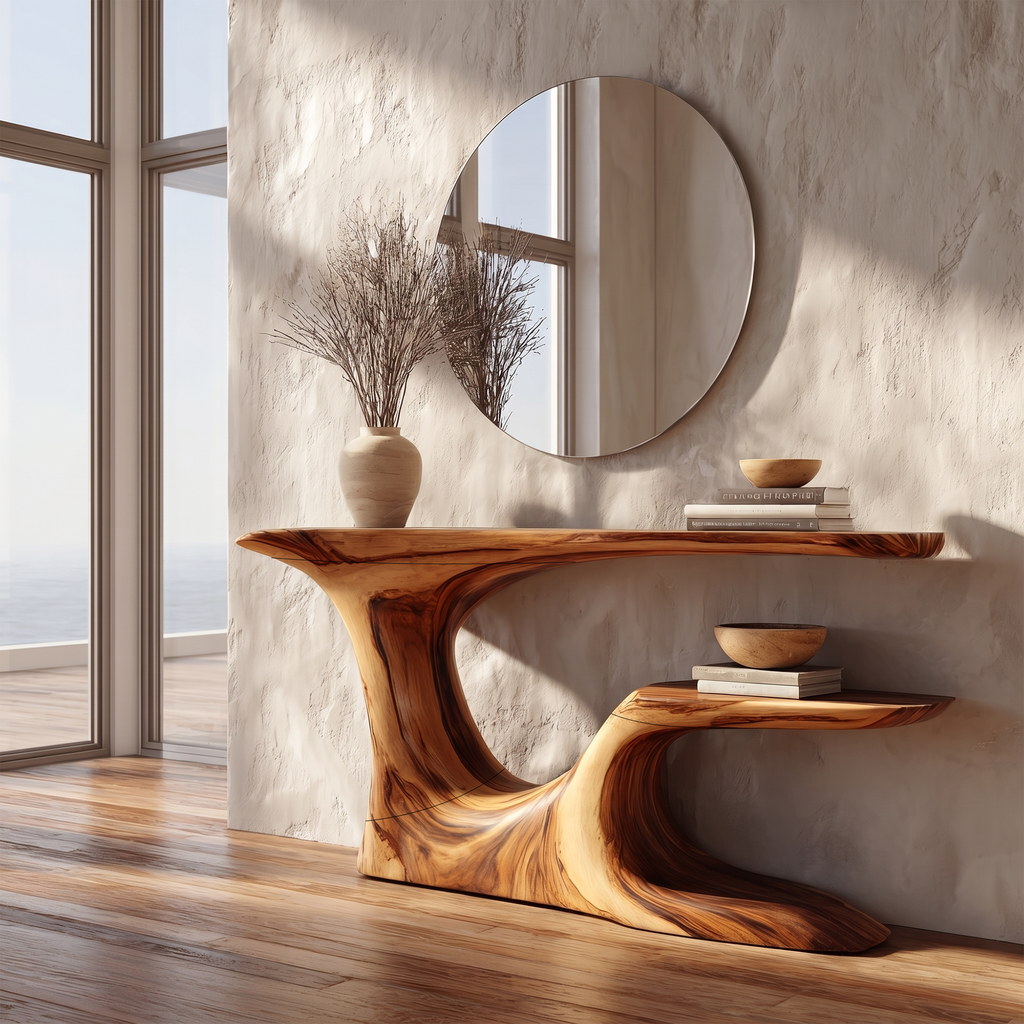 Rustic Organic Console Table With Live Edge Top And Sculptural Solid Wood Base For Entryway - view 1 of 8