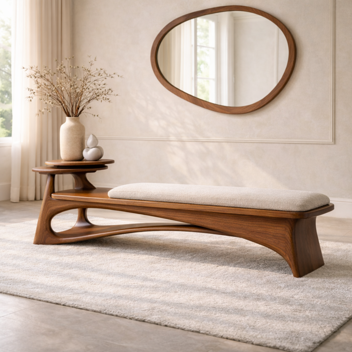 Contemporary Entryway Bench with Side Table Curved Hallway Seat Minimalist Furniture - view 2 of 7