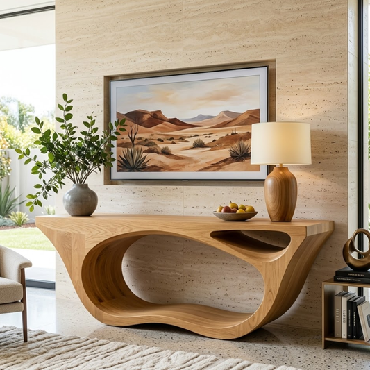 Solid Wood Console Table with Sculpted Open Base, Modern Organic Design - view 1 of 7