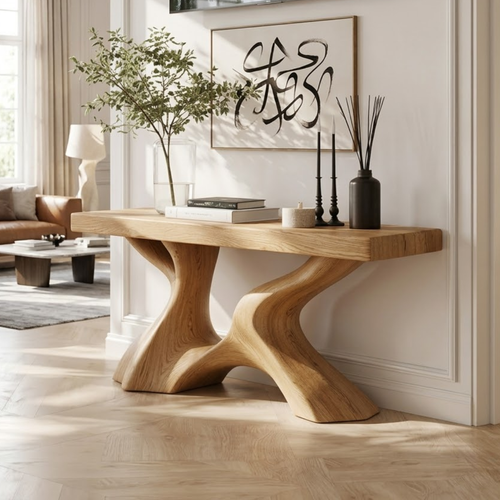 Solid Wood Console Table with Sculpted Curved Base, Modern Organic Design - view 1 of 7