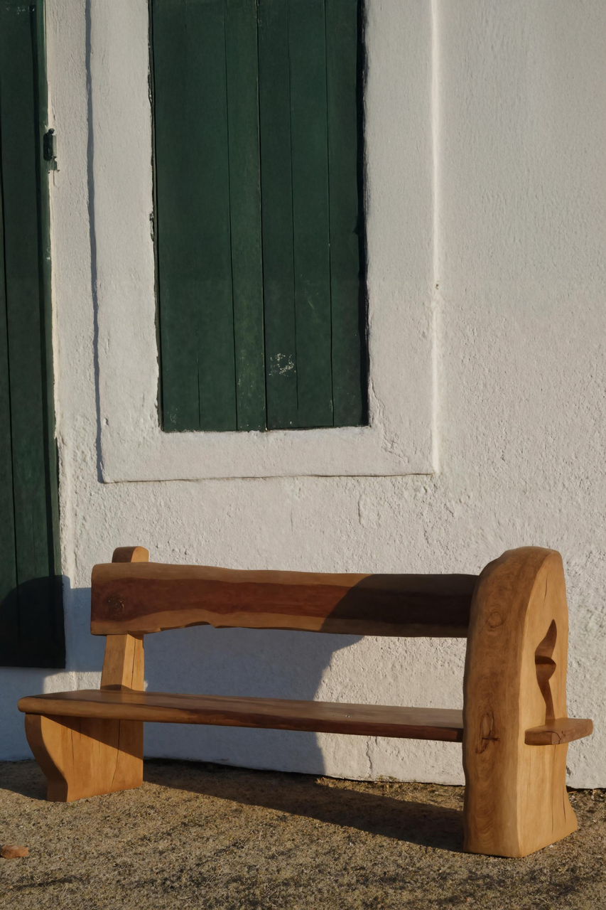 Rustic Organic Bench With Sculptural Armrest For Garden Or Entryway - view 2 of 7