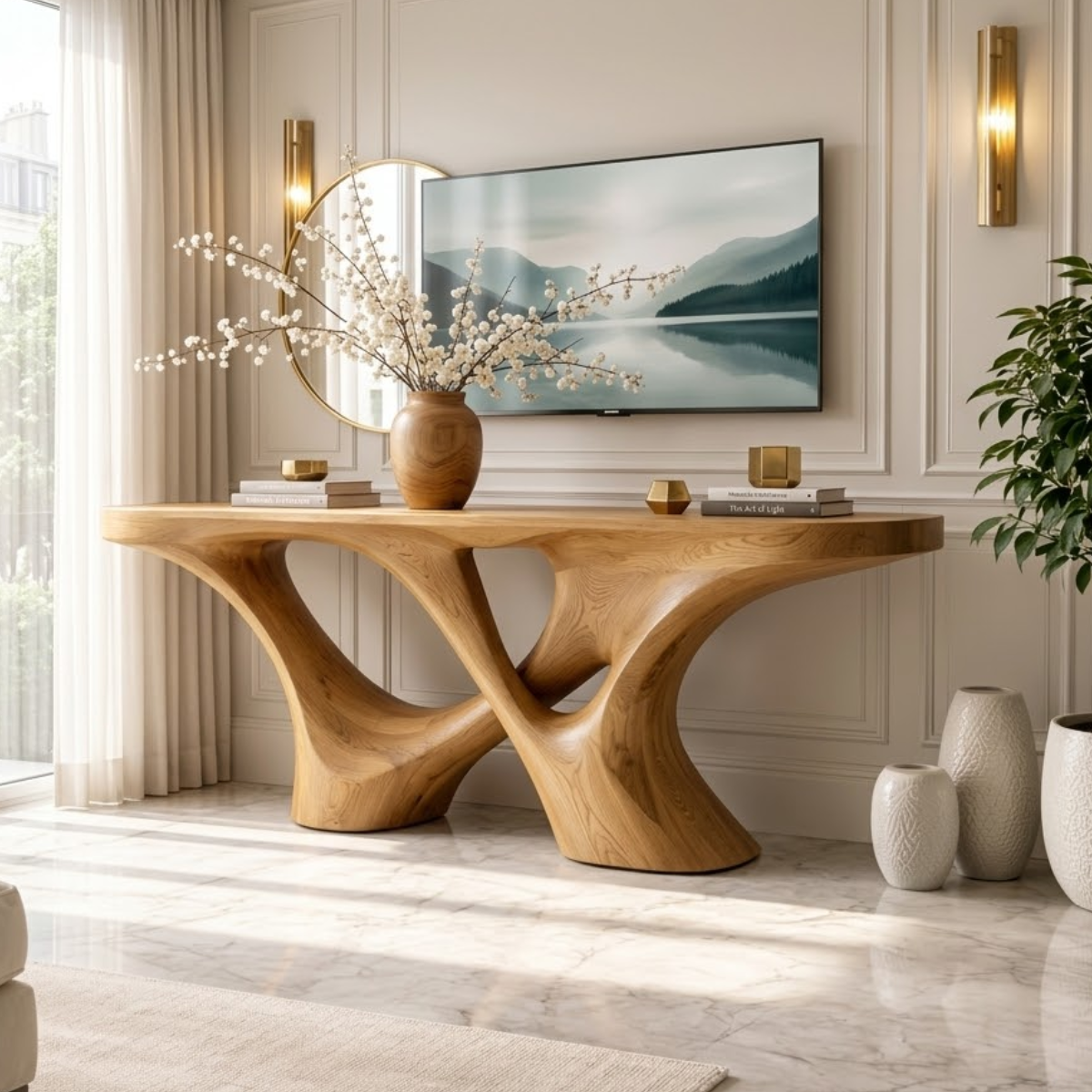 Solid Wood Console Table with Sculpted Curved Base, Artistic Modern Design - view 1 of 7