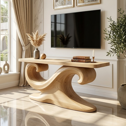 Solid Wood Console Table with Sculpted Curved Base, Artistic Modern Design - view 1 of 7