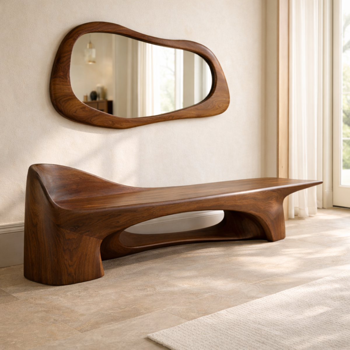 Sculptural Entryway Bench Modern Curved Hallway Seat Organic Statement Furniture - view 2 of 7