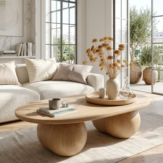 Modern Wooden Coffee Table with Round Sculptural Base - view 1 of 7