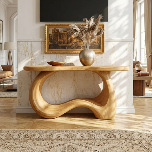 Solid Wood Console Table with Sculpted Curved Base, Modern Organic Design - view 1 of 7