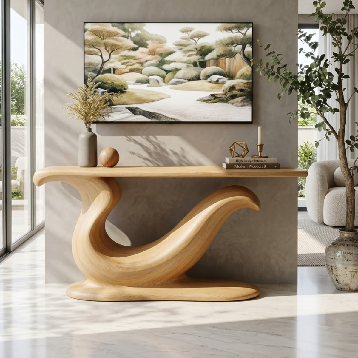 Solid Wood Console Table with Sculpted Curved Base, Modern Artistic Design - view 1 of 7